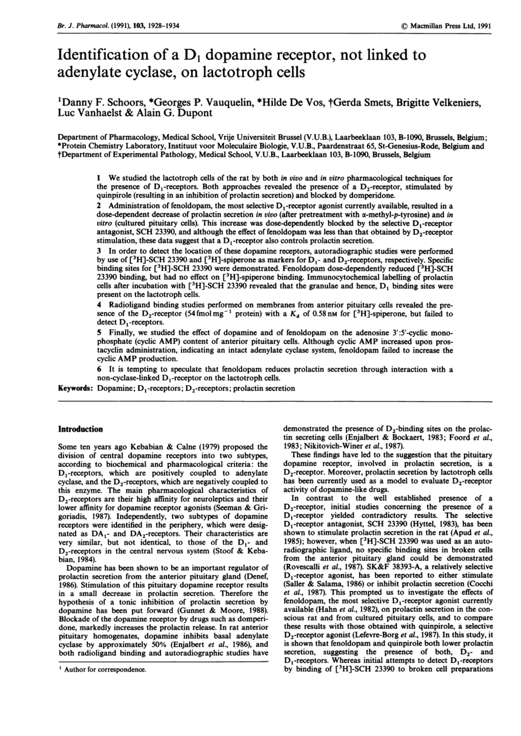 Identification Ofa D1 Dopamine Receptor, Not Linked To