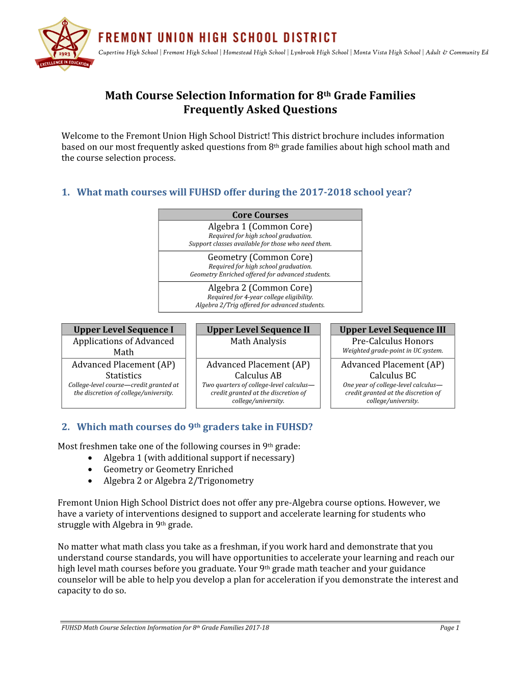 Math Course Selection Information for 8Th Grade Families Frequently Asked Questions