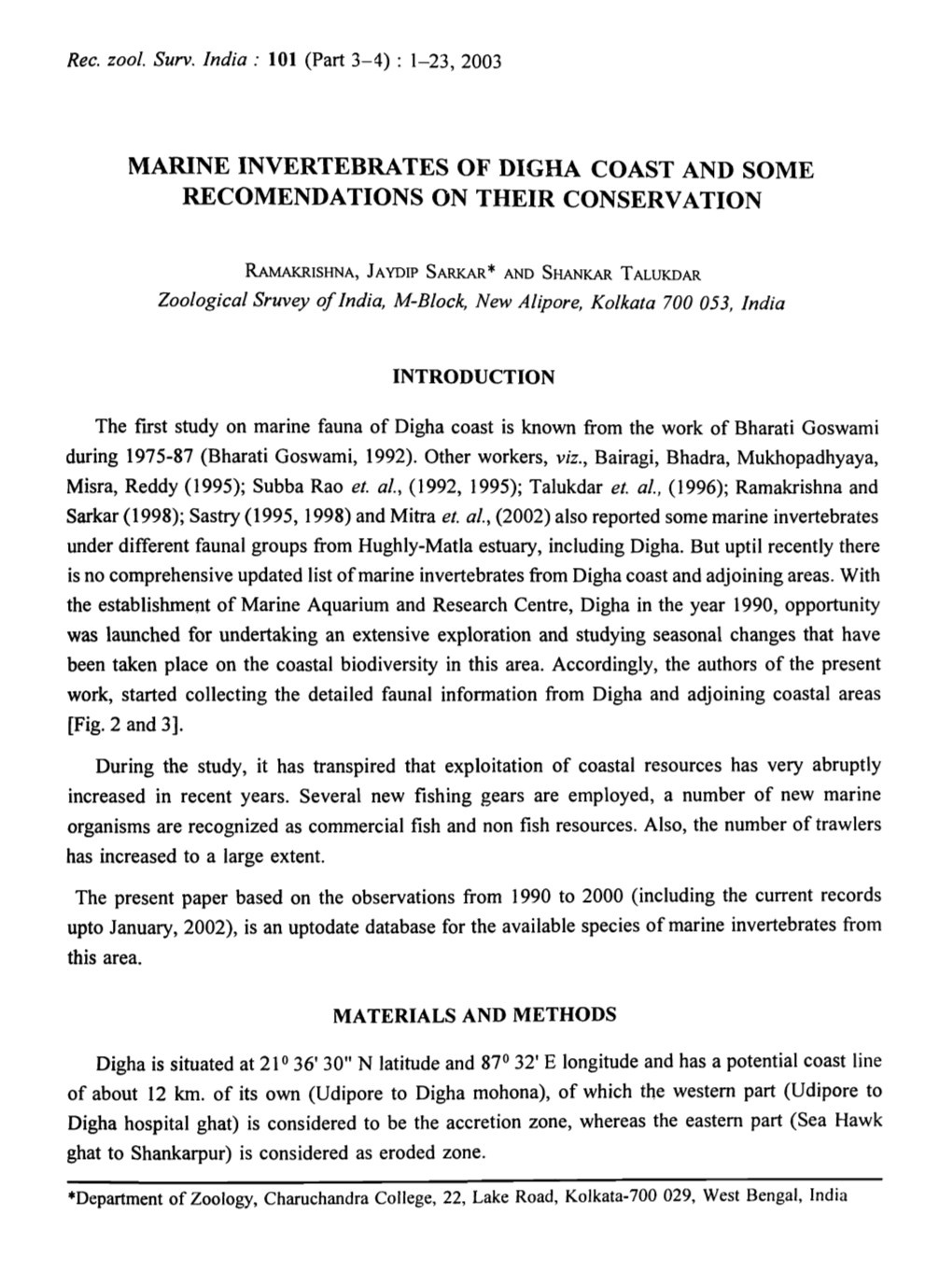 Marine Invertebrates of Digha Coast and Some Recomendations on Their Conservation