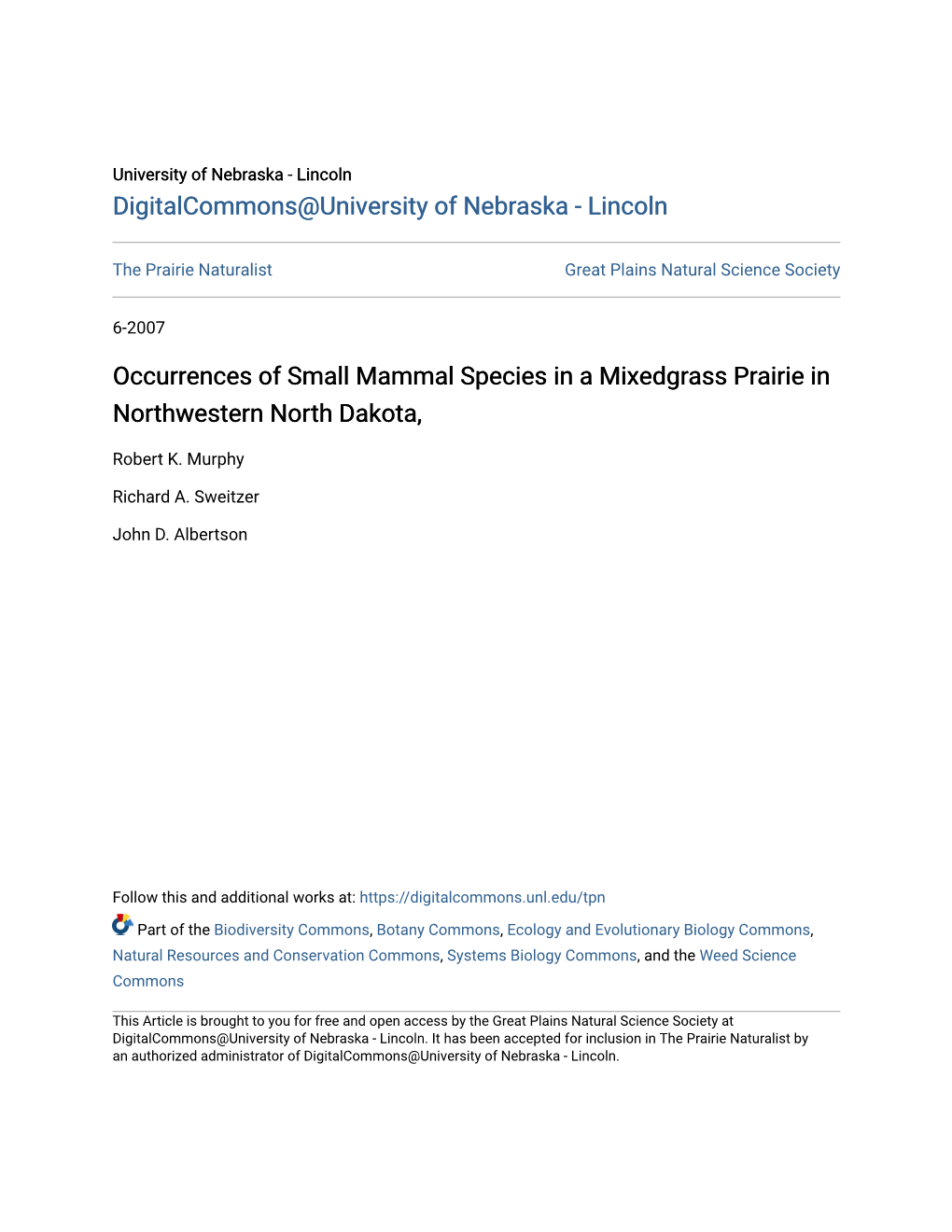 Occurrences of Small Mammal Species in a Mixedgrass Prairie in Northwestern North Dakota