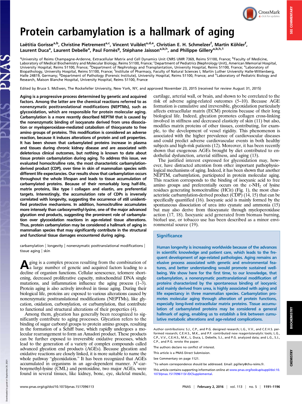 Protein Carbamylation Is a Hallmark of Aging SEE COMMENTARY