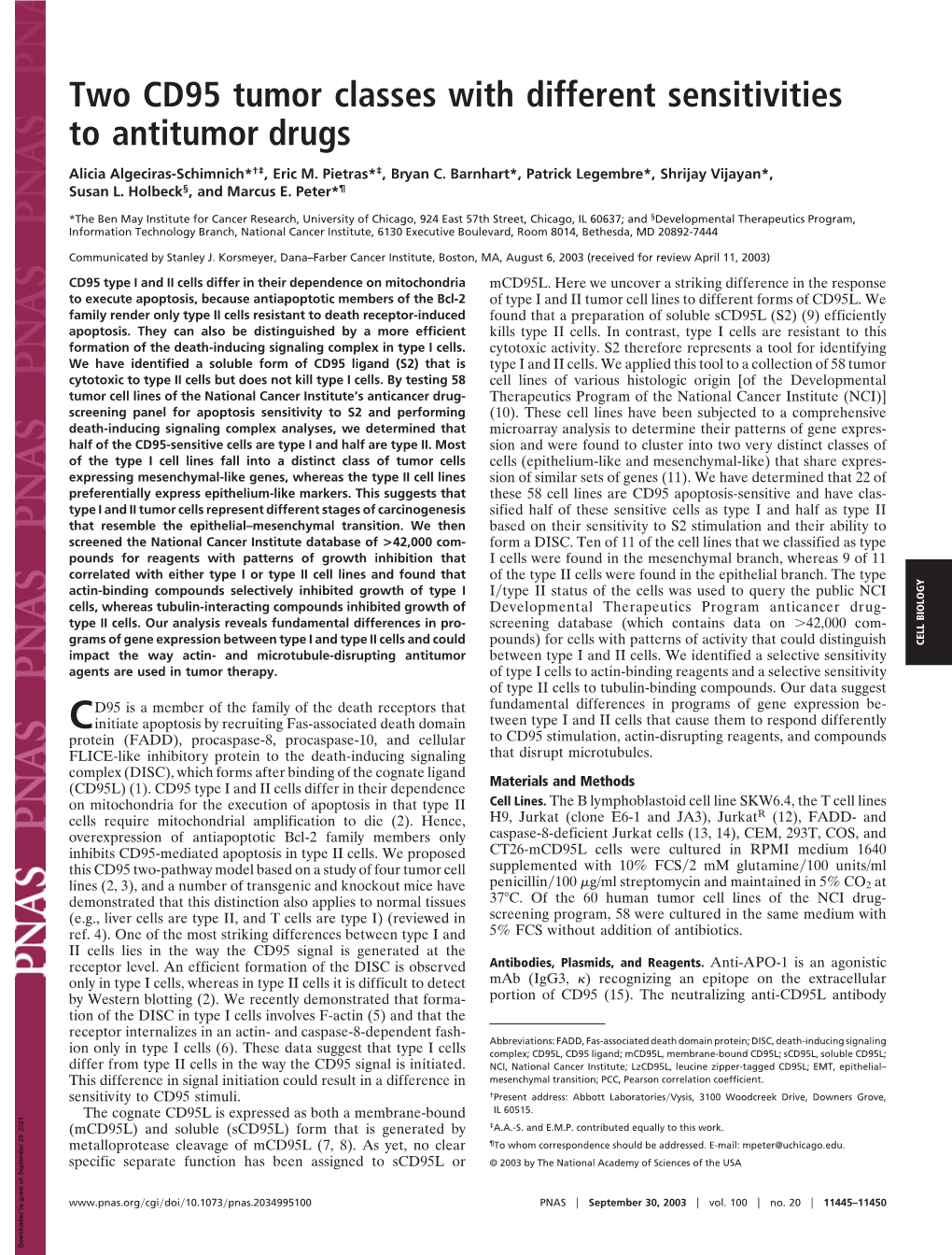 Two CD95 Tumor Classes with Different Sensitivities to Antitumor Drugs