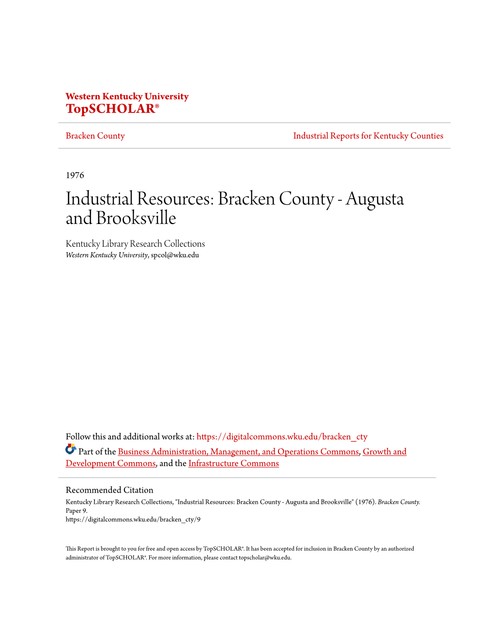 Industrial Resources: Bracken County - Augusta and Brooksville Kentucky Library Research Collections Western Kentucky University, Spcol@Wku.Edu