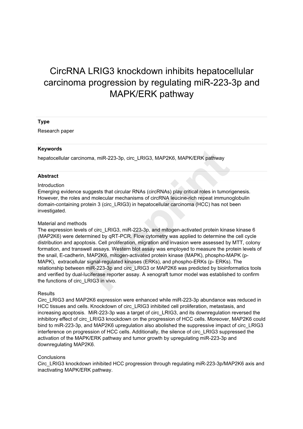 Circrna LRIG3 Knockdown Inhibits Hepatocellular Carcinoma Progression by Regulating Mir-223-3P and MAPK/ERK Pathway