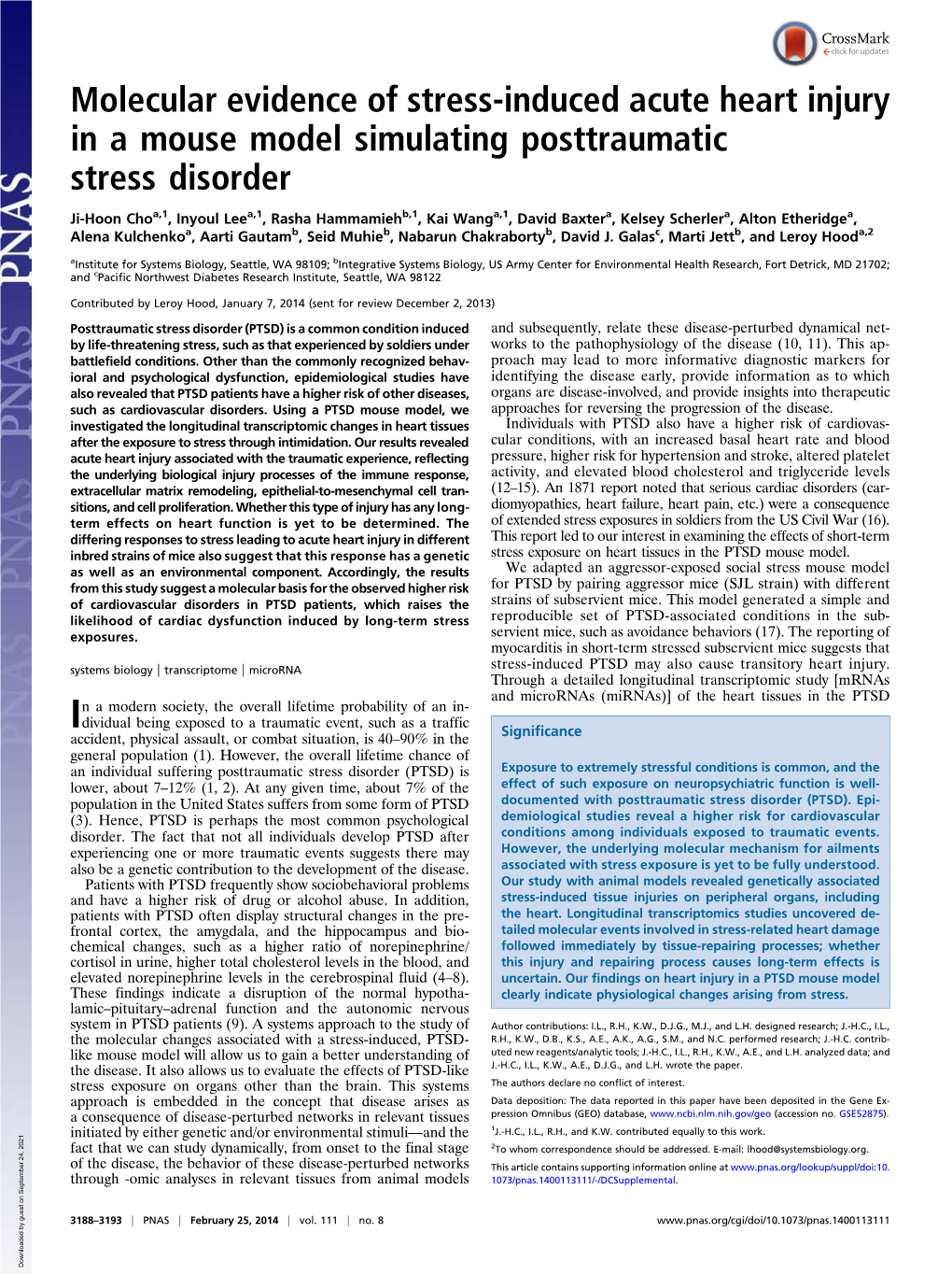 Molecular Evidence of Stress-Induced Acute Heart Injury in a Mouse Model Simulating Posttraumatic Stress Disorder