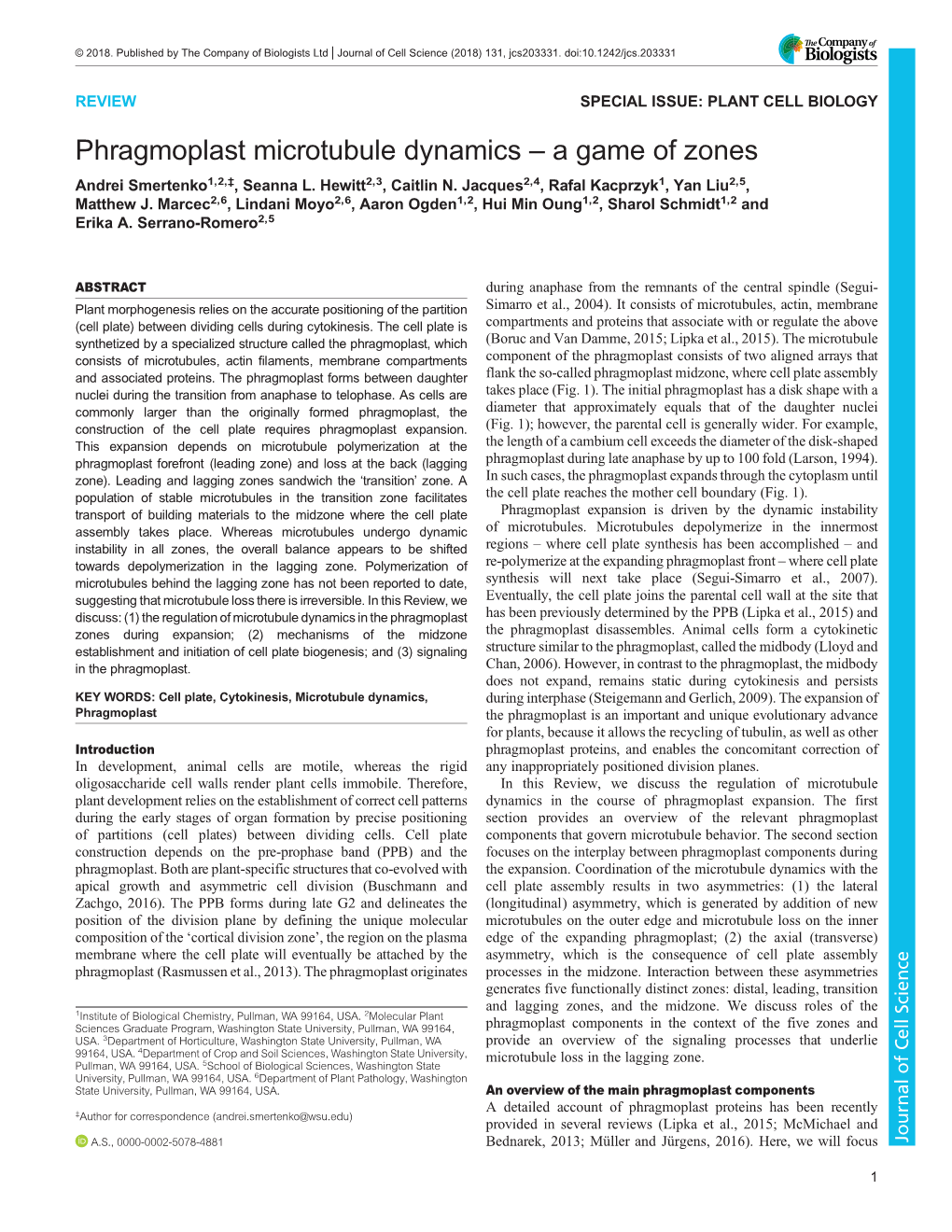 Phragmoplast Microtubule Dynamics – a Game of Zones Andrei Smertenko1,2,‡, Seanna L