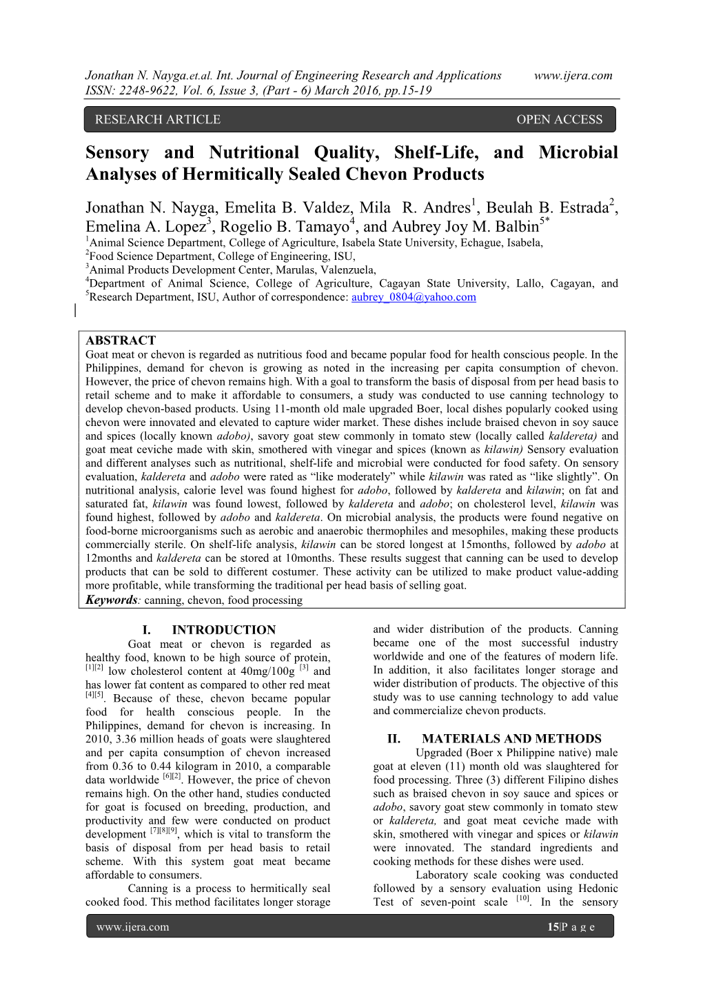 Sensory and Nutritional Quality, Shelf-Life, and Microbial Analyses of Hermitically Sealed Chevon Products