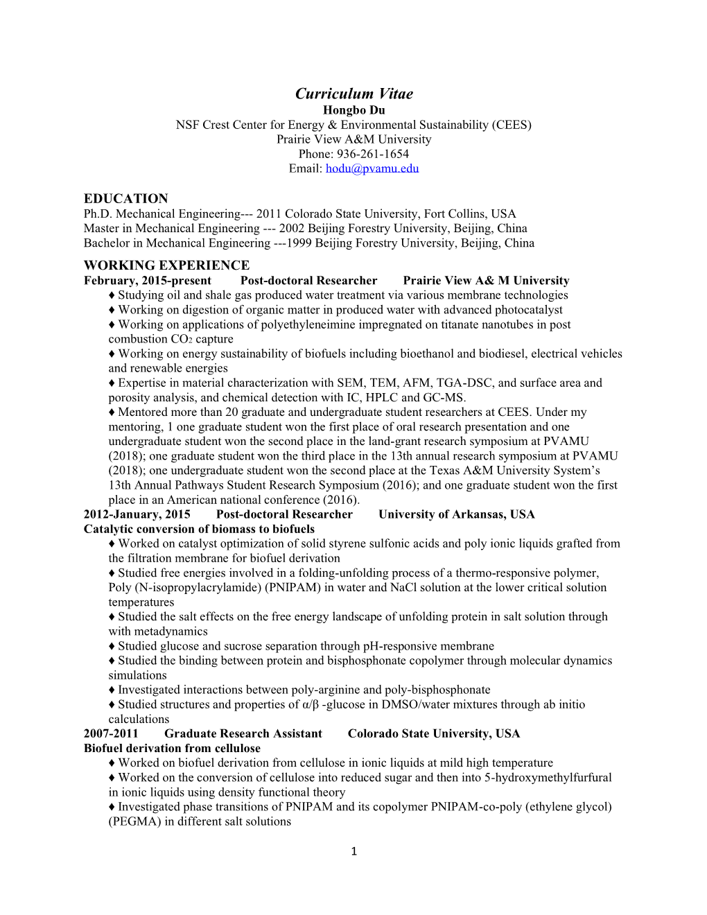 Curriculum Vitae Hongbo Du NSF Crest Center for Energy & Environmental Sustainability (CEES) Prairie View A&M University Phone: 936-261-1654 Email: Hodu@Pvamu.Edu