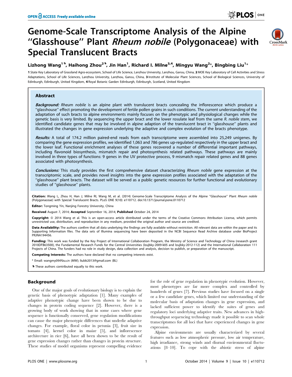 Genome-Scale Transcriptome Analysis of the Alpine ‘‘Glasshouse’’ Plant Rheum Nobile (Polygonaceae) with Special Translucent Bracts