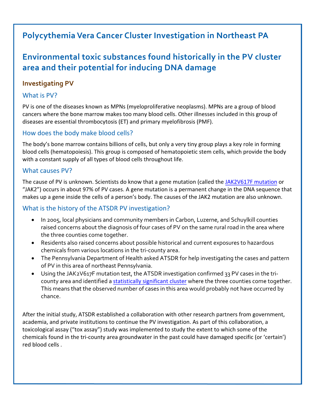 Polycythemia Vera Cancer Cluster Investigation in Northeast PA