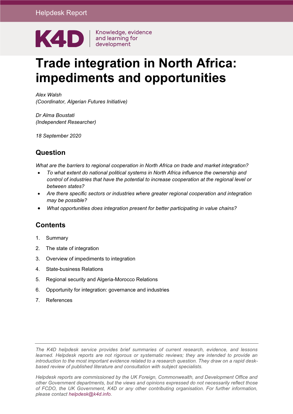 Trade Integration in North Africa: Impediments and Opportunities