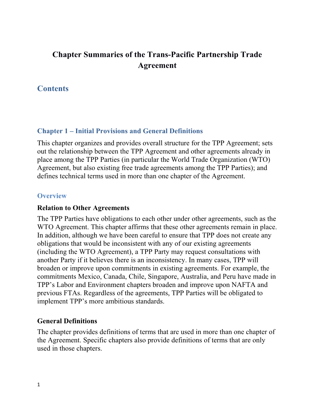 Chapter Summaries of the Trans-Pacific Partnership Trade Agreement