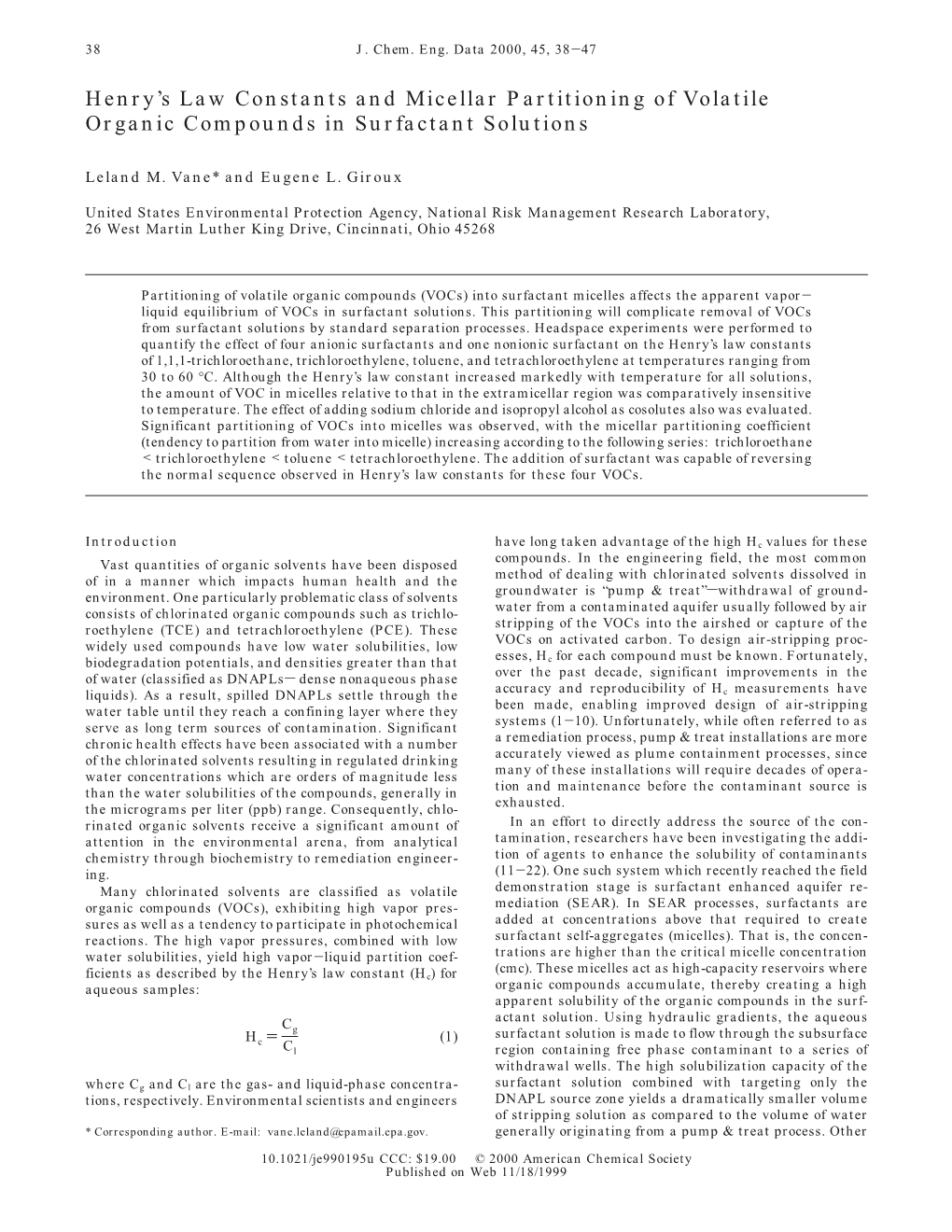 Henry's Law Constants and Micellar Partitioning of Volatile Organic