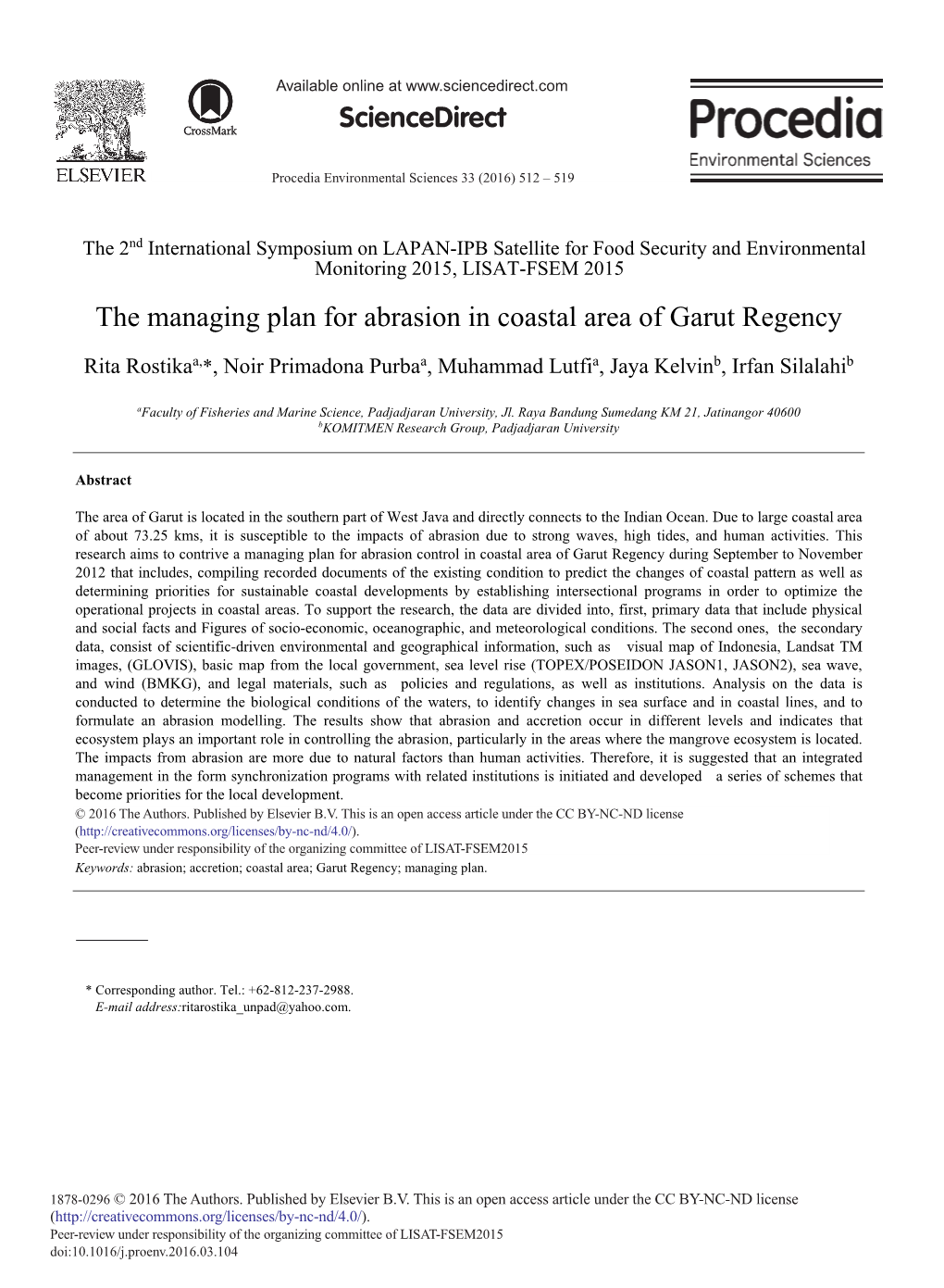 The Managing Plan for Abrasion in Coastal Area of Garut Regency