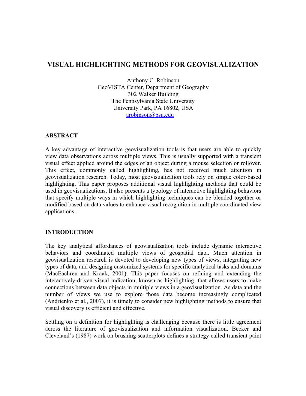 Visual Highlighting Methods for Geovisualization