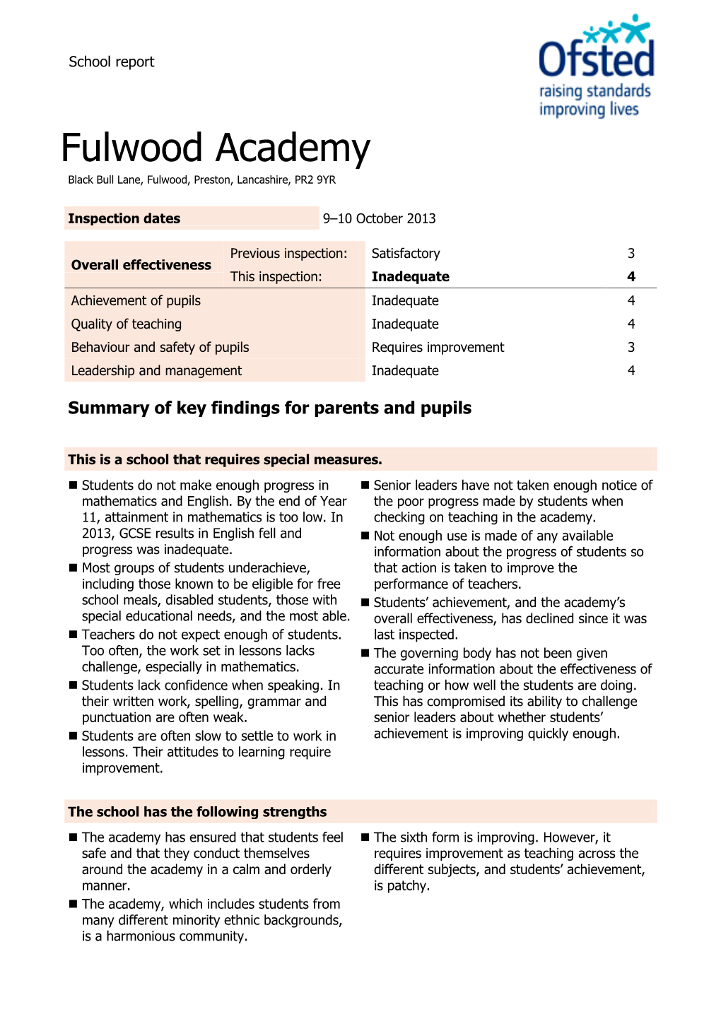 Fulwood Academy Black Bull Lane, Fulwood, Preston, Lancashire, PR2 9YR
