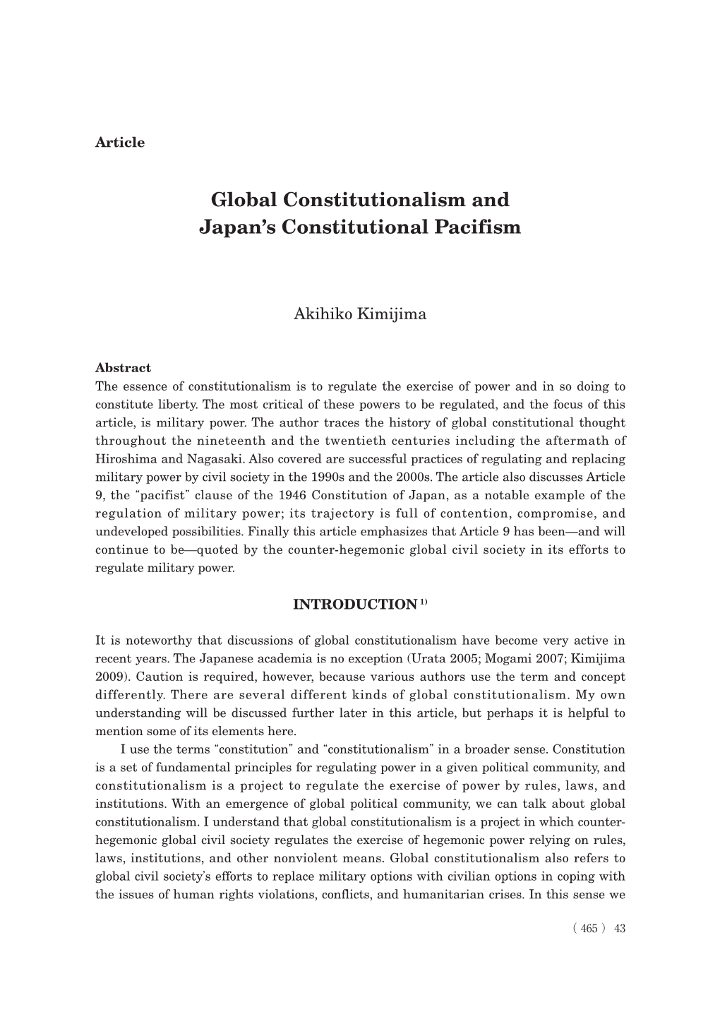 Global Constitutionalism and Japan's Constitutional Pacifism