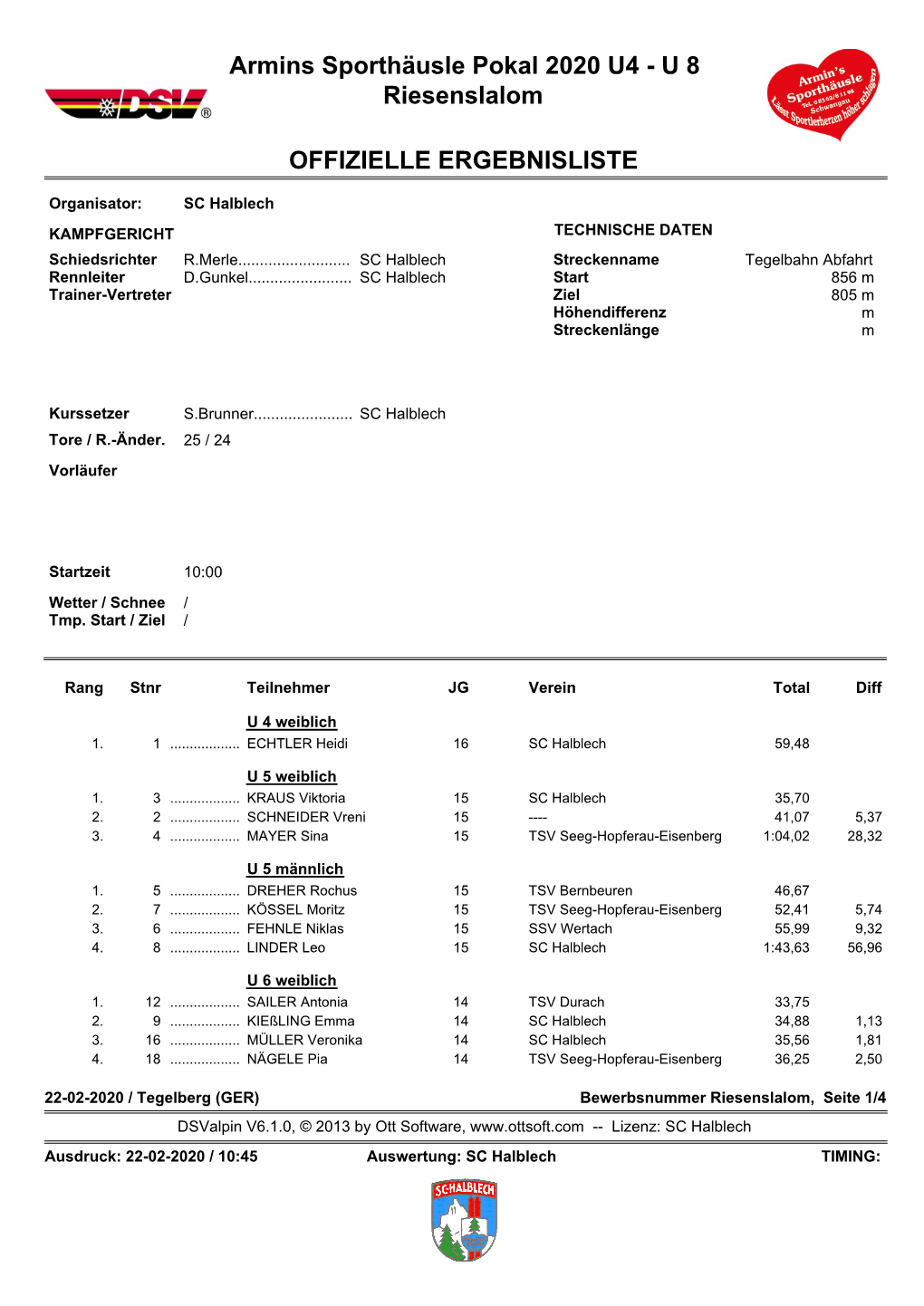 Armins Sporthäusle Pokal 2020 U4 - U 8 Riesenslalom