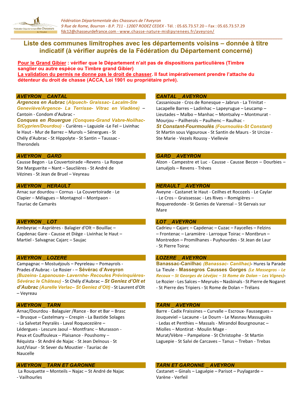 Liste Des Communes Limitrophes Avec Les Départements Voisins – Donnée À Titre Indicatif (À Vérifier Auprès De La Fédération Du Département Concerné)