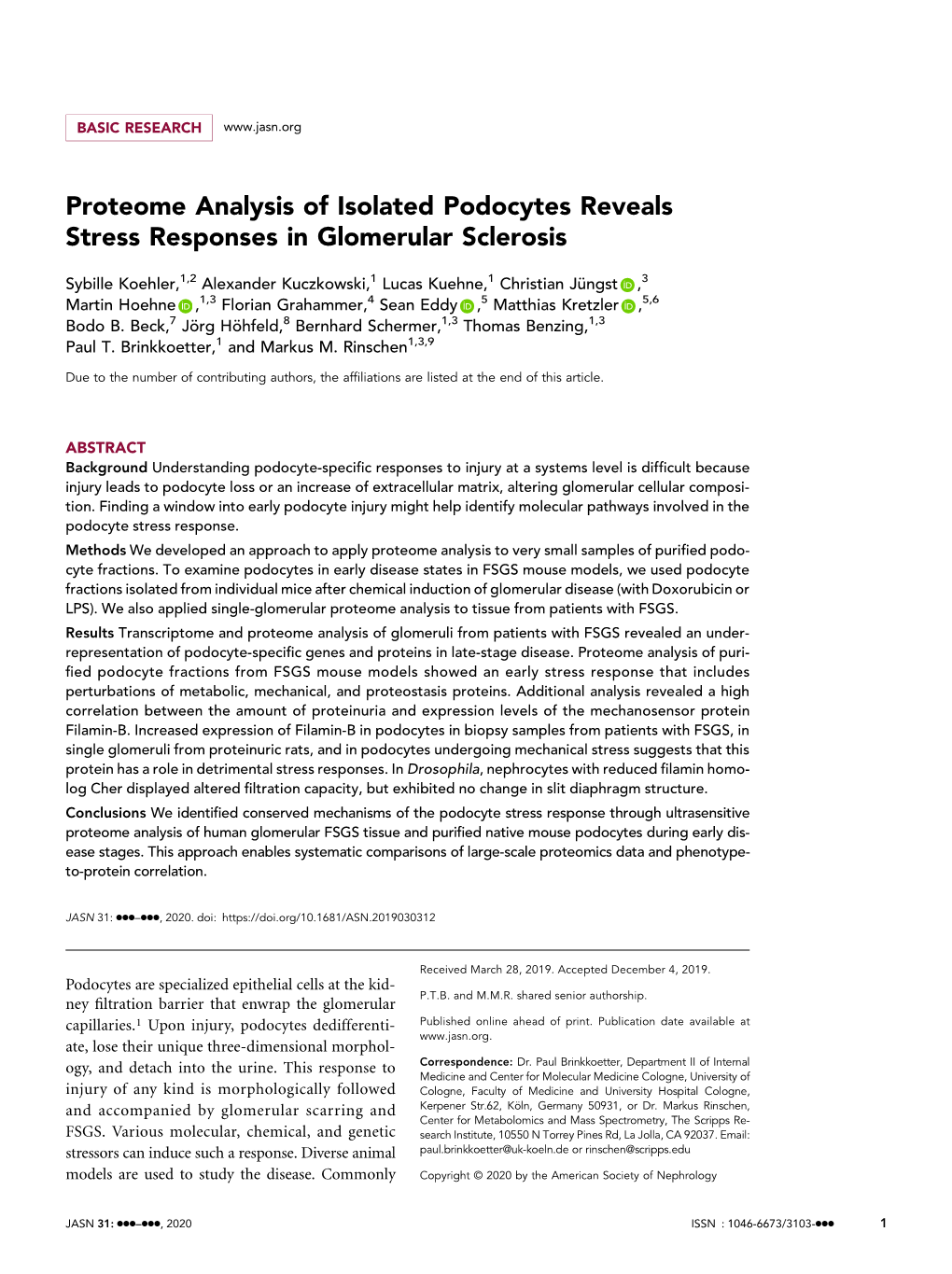 Proteome Analysis of Isolated Podocytes Reveals Stress Responses in Glomerular Sclerosis