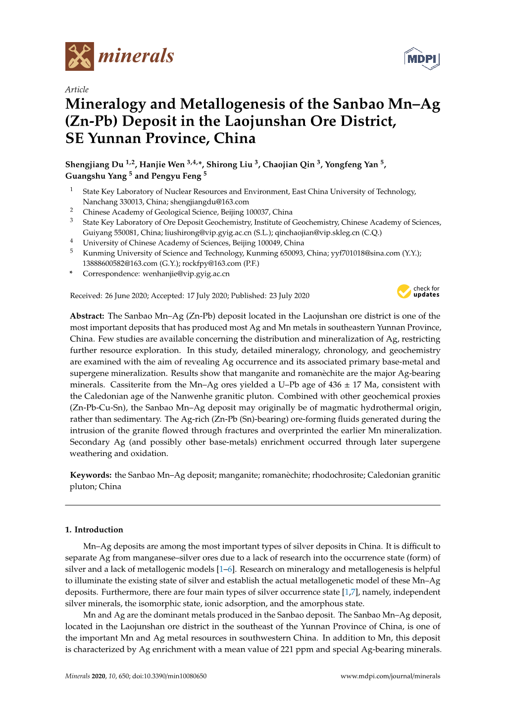 Mineralogy and Metallogenesis of the Sanbao Mn–Ag (Zn-Pb) Deposit in the Laojunshan Ore District, SE Yunnan Province, China