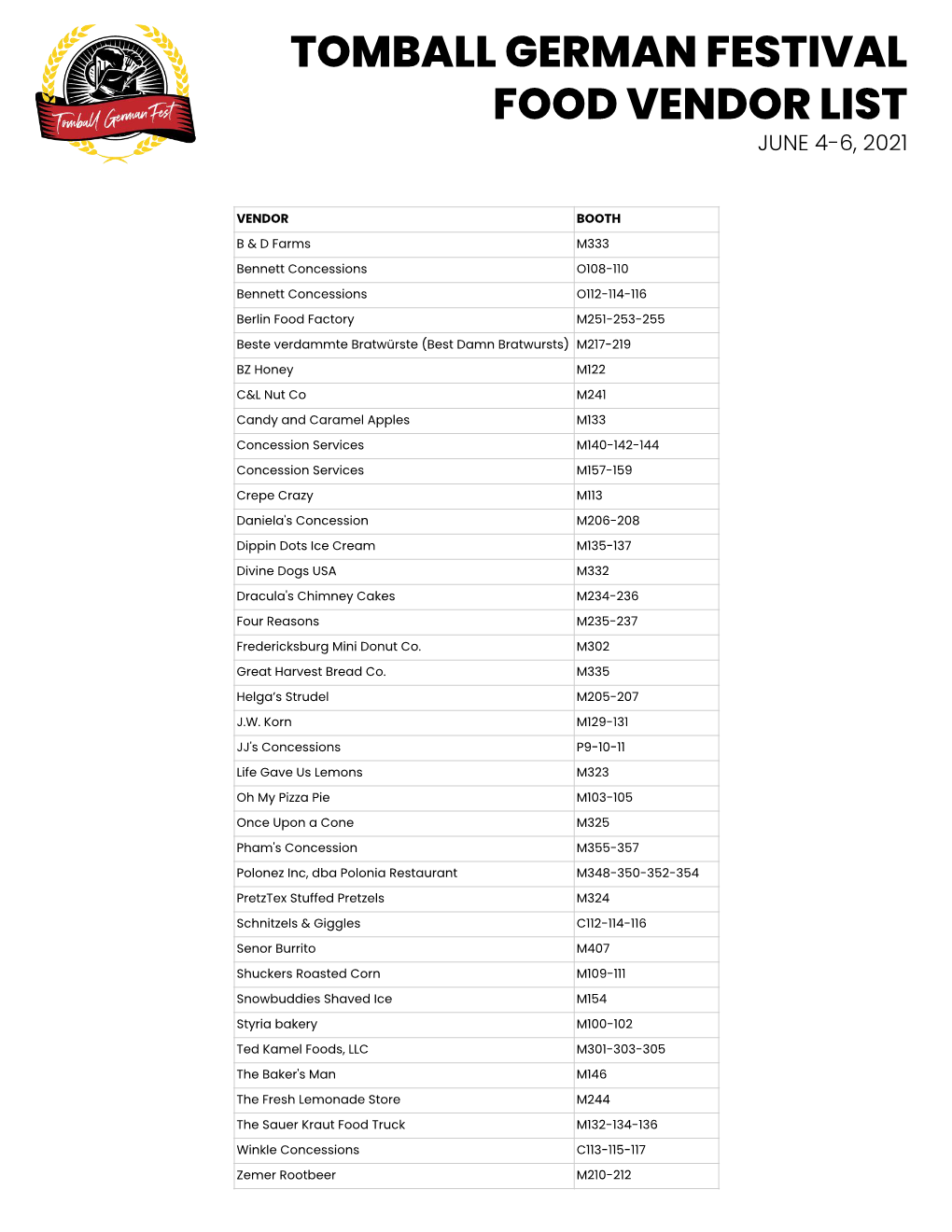 Tomball German Festival Food Vendor List June 4-6, 2021