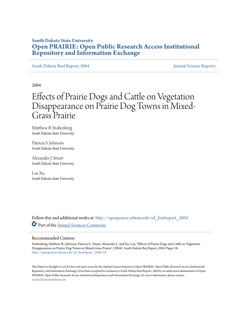 Effects of Prairie Dogs and Cattle on Vegetation Disappearance on Prairie Dog Towns in Mixed-Grass Prairie