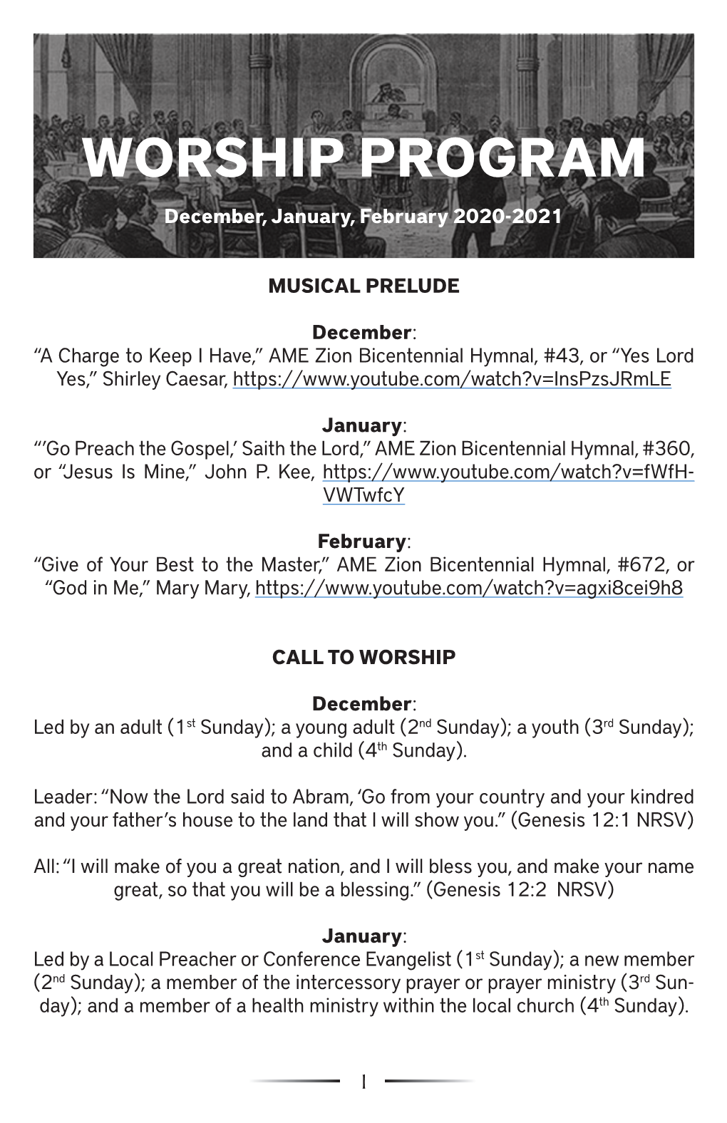 WORSHIP PROGRAM December, January, February 2020-2021