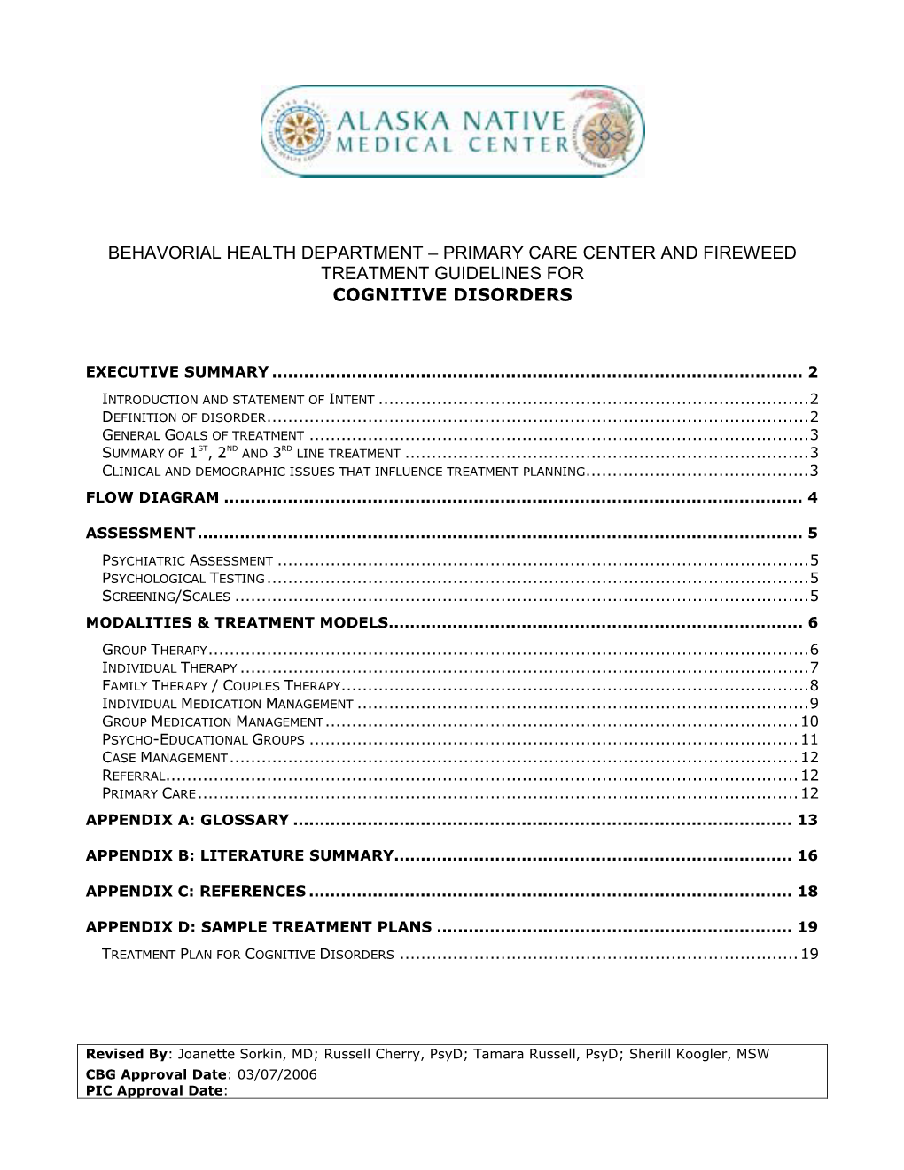 Behavorial Health Department – Primary Care Center and Fireweed Treatment Guidelines for Cognitive Disorders