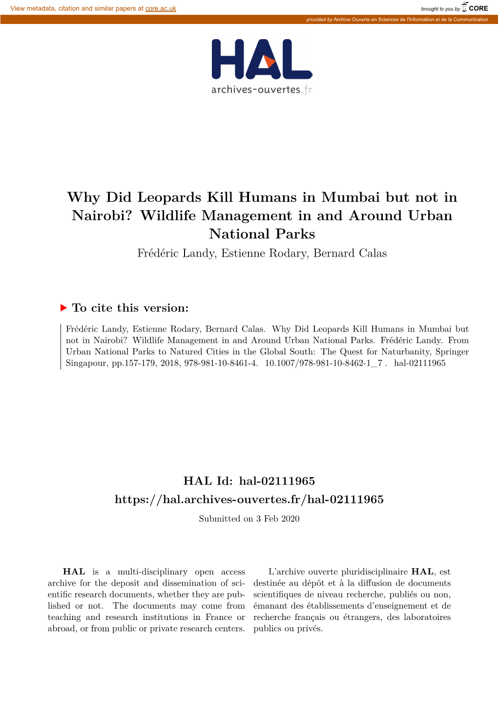 Why Did Leopards Kill Humans in Mumbai but Not in Nairobi? Wildlife Management in and Around Urban National Parks Frédéric Landy, Estienne Rodary, Bernard Calas