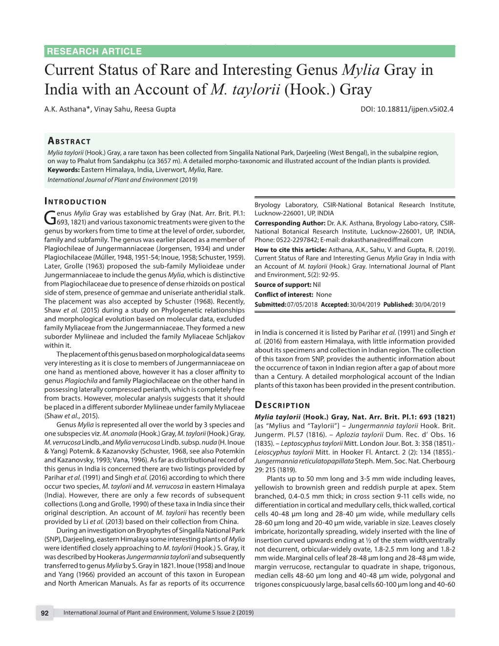 Current Status of Rare and Interesting Genus Mylia Gray in India with an Account of M. Taylorii (Hook.) Gray A.K