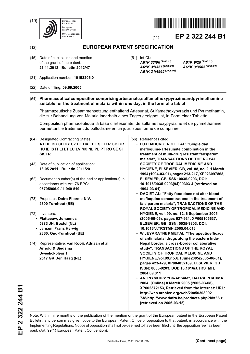 Pharmaceutical Composition Comprising Artesunate