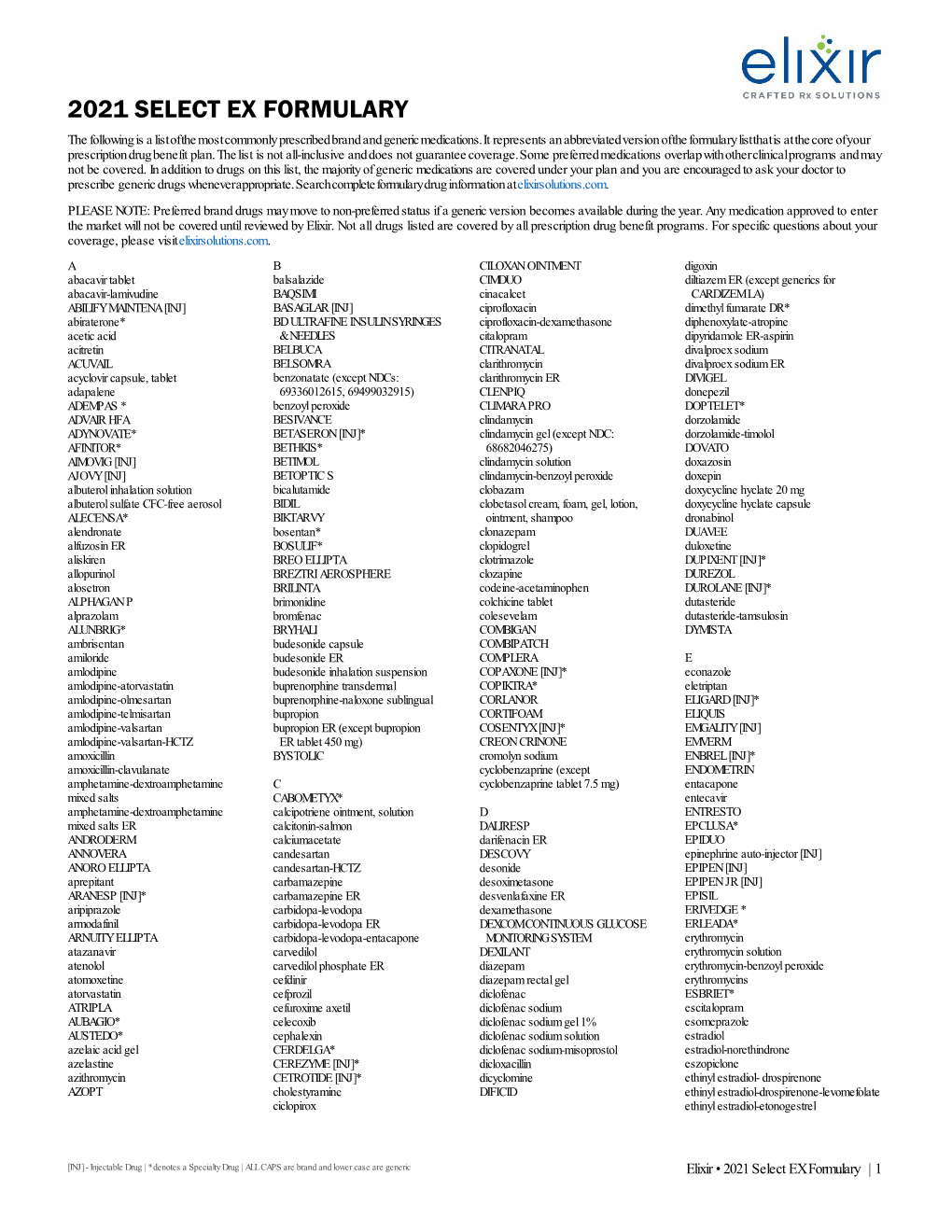 2021 SELECT EX FORMULARY the Following Is a List of the Most Commonly Prescribed Brand and Generic Medications