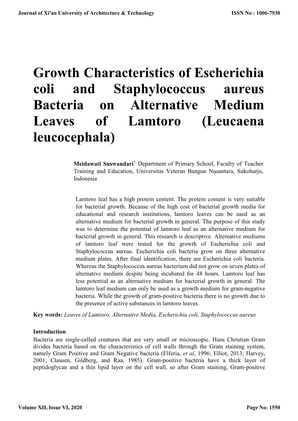 Growth Characteristics of Escherichia Coli and Staphylococcus Aureus Bacteria on Alternative Medium Leaves of Lamtoro (Leucaena Leucocephala)