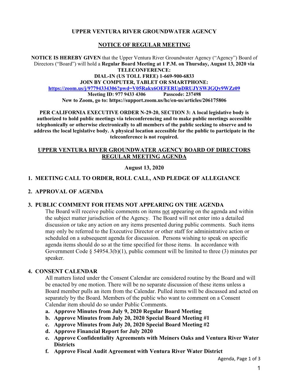 Upper Ventura River Groundwater Agency Notice of Regular Meeting Upper Ventura River Groundwater Agency Board of Directors Regul