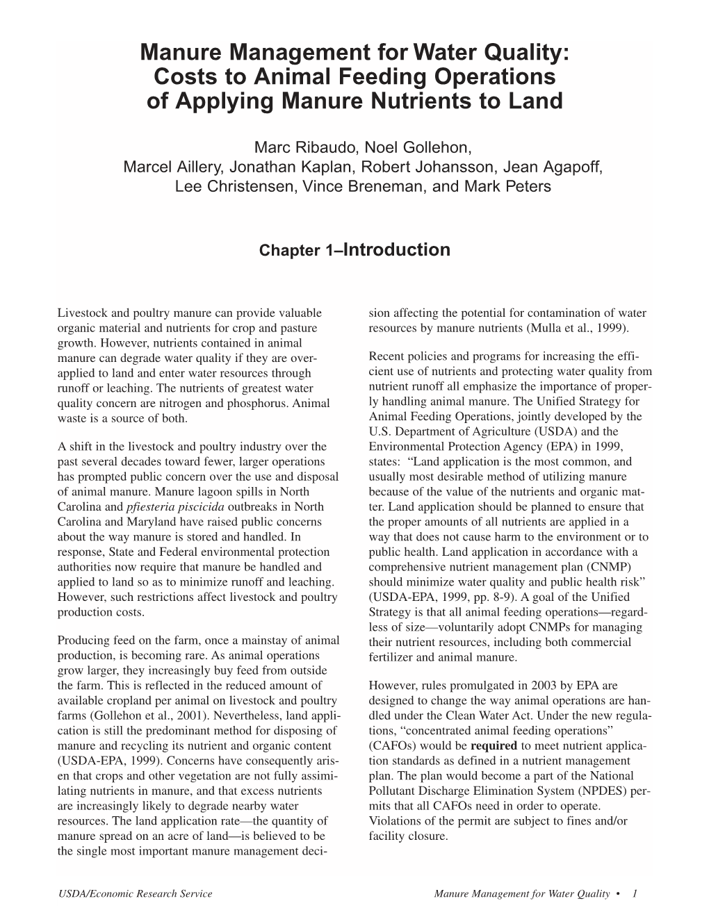 Manure Management for Water Quality: Costs to Animal Feeding Operations of Applying Manure Nutrients to Land