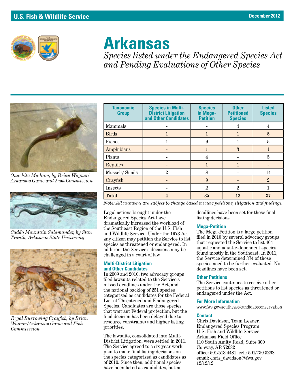 Arkansas Species Listed Under the Endangered Species Act and Pending Evaluations of Other Species