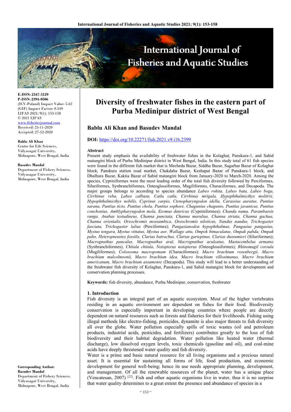 Diversity of Freshwater Fishes in the Eastern Part of Purba Medinipur