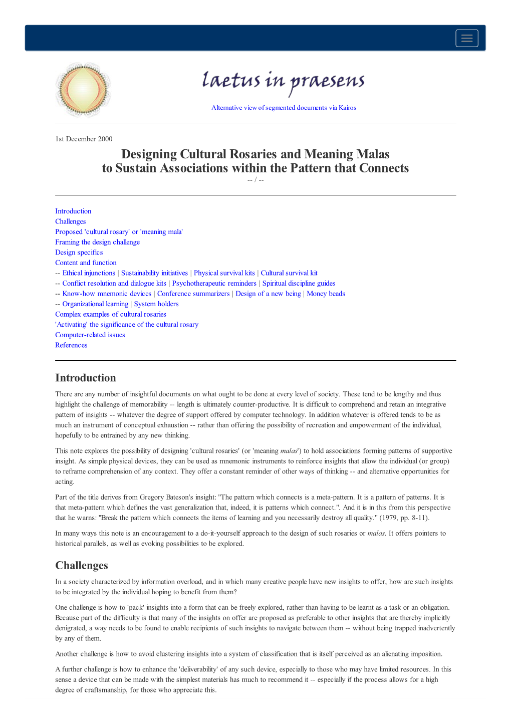 Designing Cultural Rosaries and Meaning Malas to Sustain Associations Within the Pattern That Connects -- /