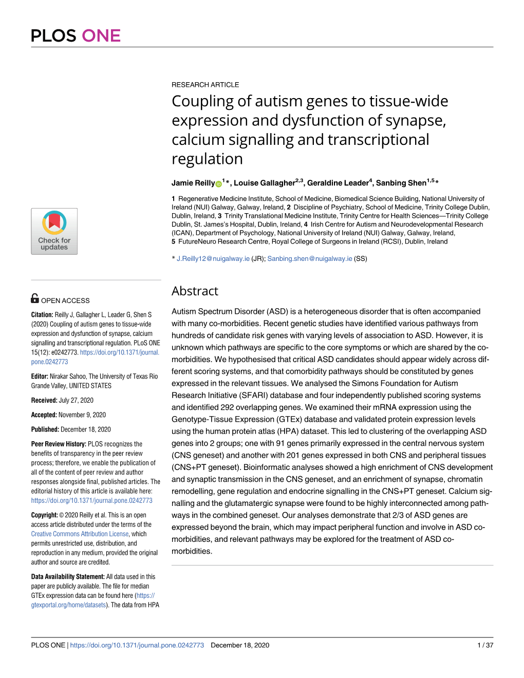 Coupling of Autism Genes to Tissue-Wide Expression and Dysfunction of Synapse, Calcium Signalling and Transcriptional Regulation