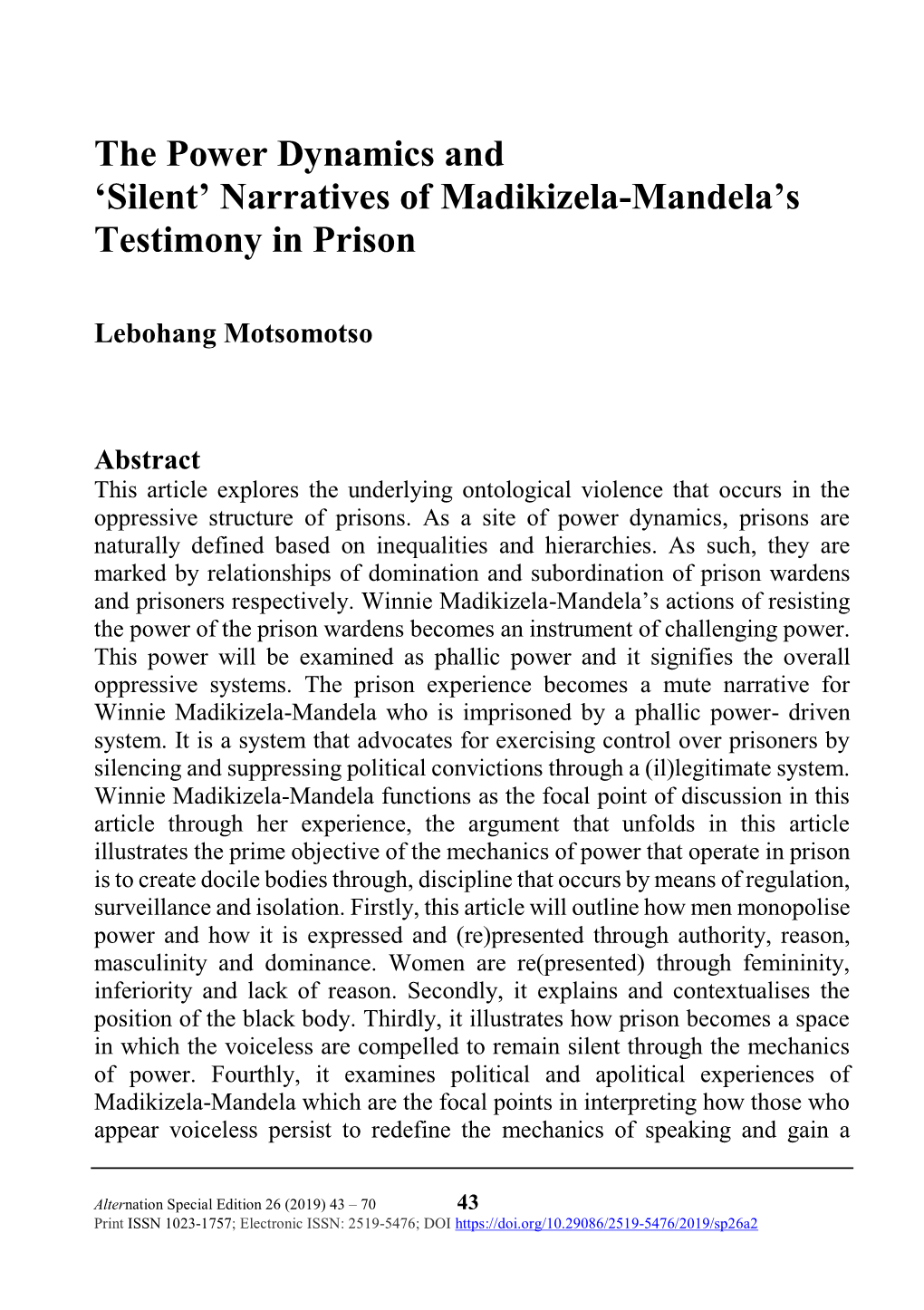 Narratives of Madikizela-Mandela's Testimony in Prison