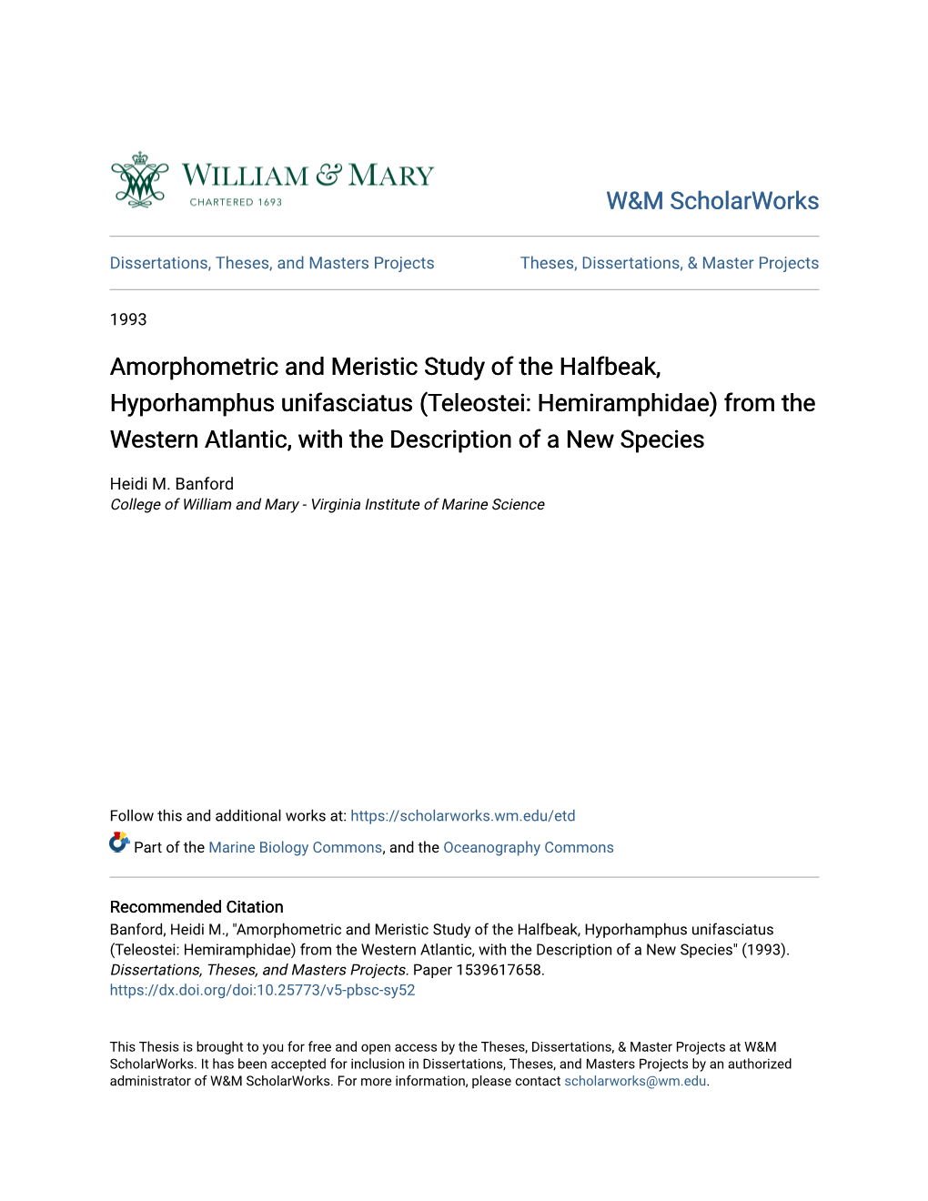 Amorphometric and Meristic Study of the Halfbeak, Hyporhamphus