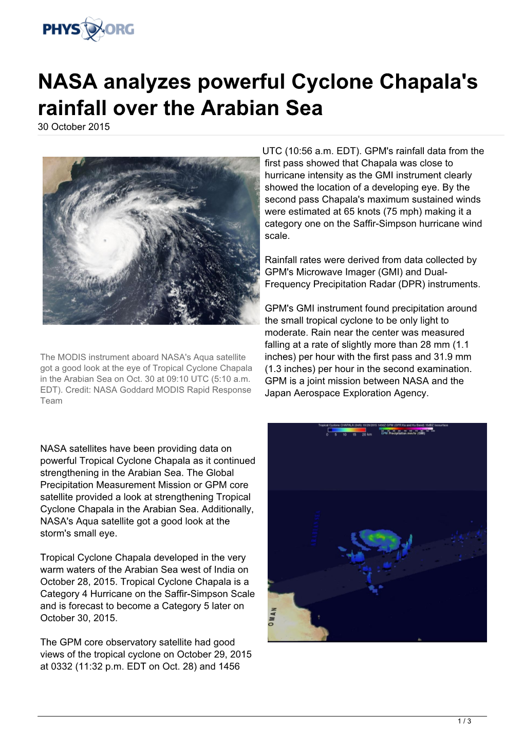 NASA Analyzes Powerful Cyclone Chapala's Rainfall Over the Arabian Sea 30 October 2015