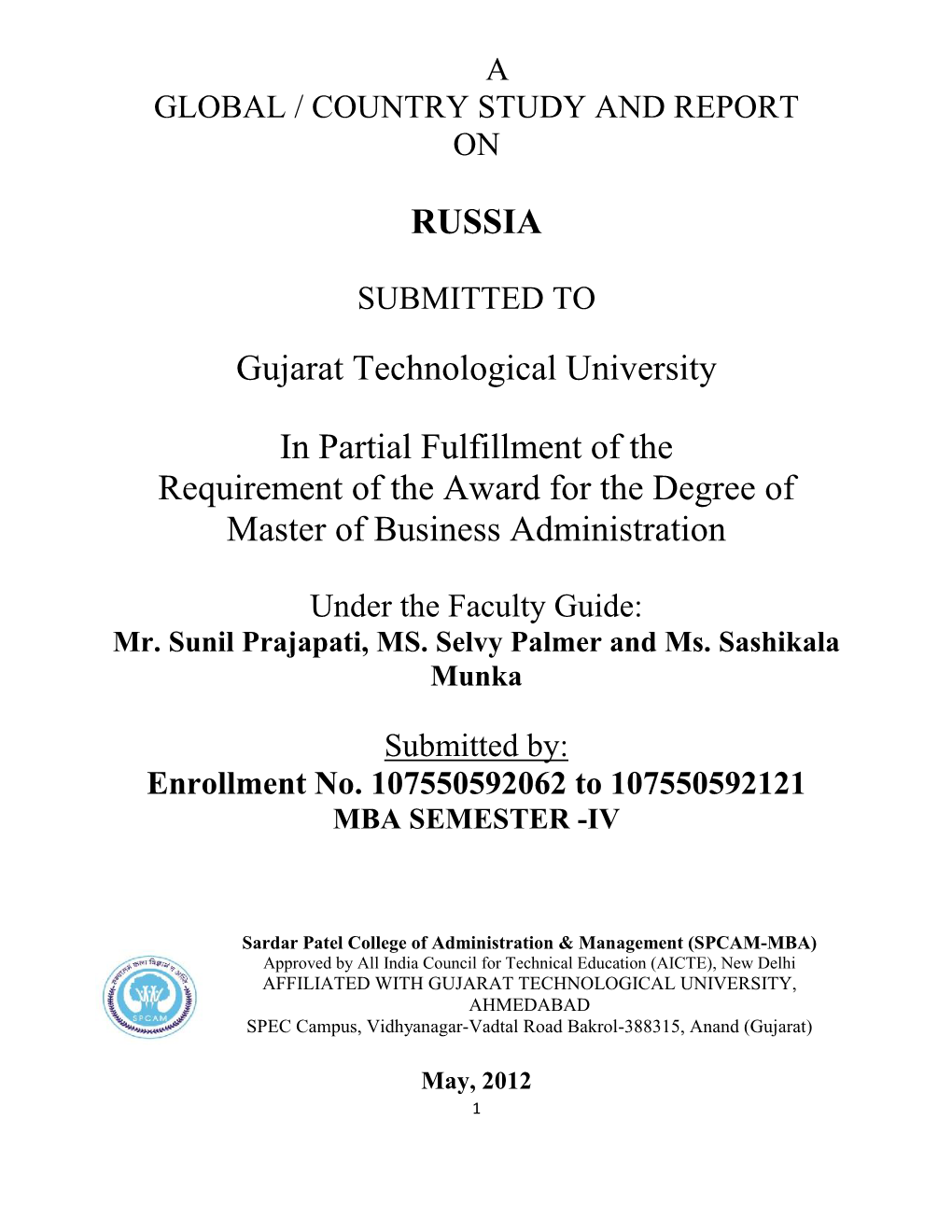 RUSSIA Gujarat Technological University in Partial Fulfillment Of