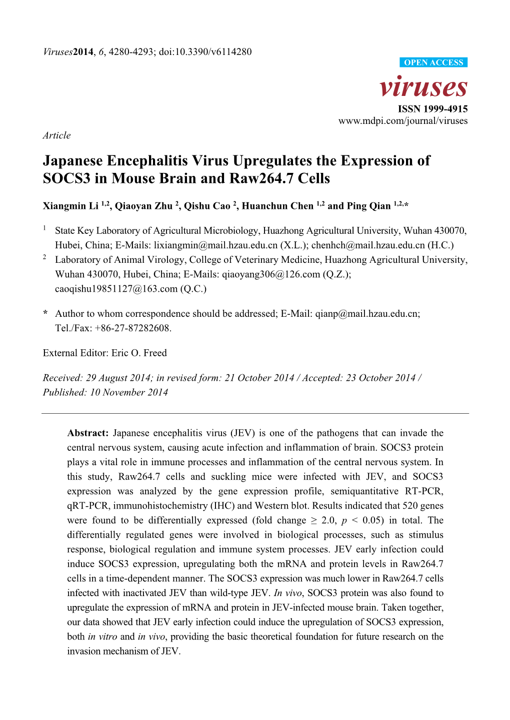 Japanese Encephalitis Virus Upregulates the Expression of SOCS3 in Mouse Brain and Raw264.7 Cells