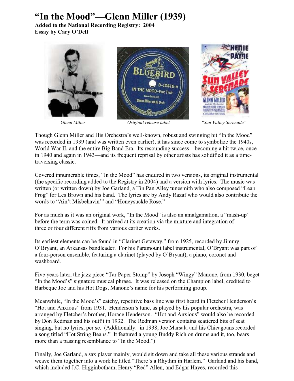 “In the Mood”—Glenn Miller (1939) Added to the National Recording Registry: 2004 Essay by Cary O’Dell