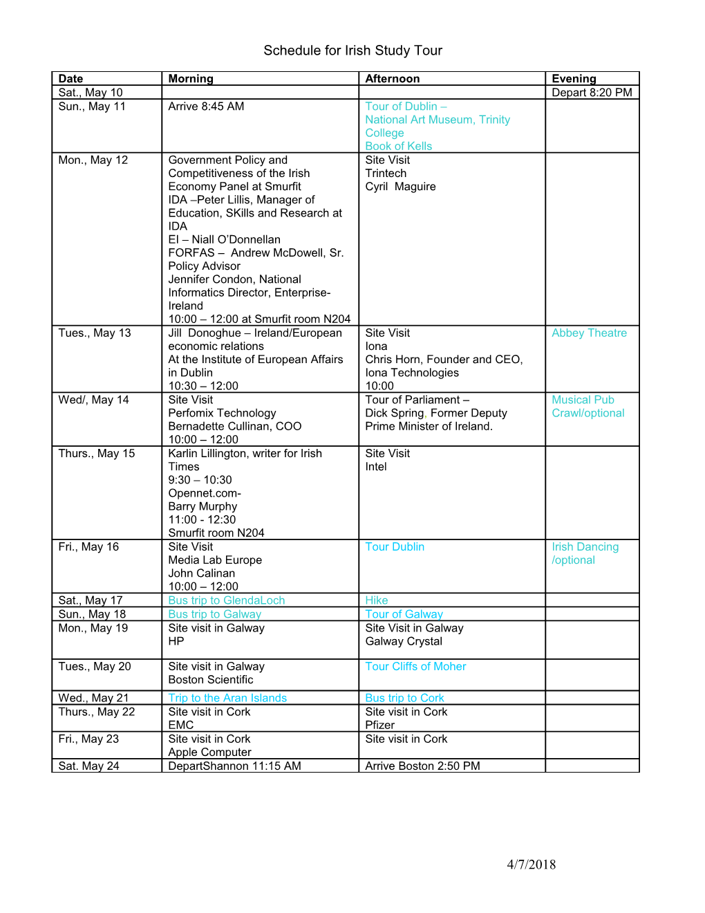 Schedule for Irish Study Tour