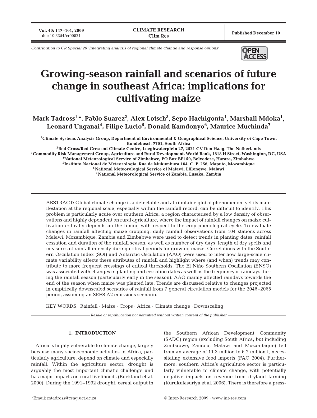 Growing-Season Rainfall and Scenarios of Future Change in Southeast Africa: Implications for Cultivating Maize