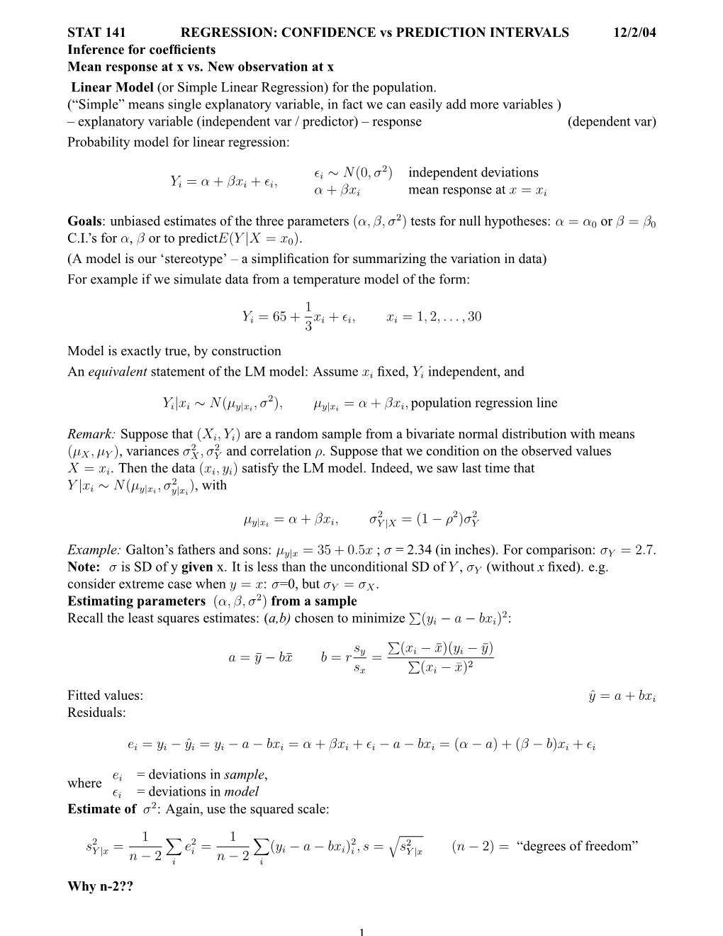 CONFIDENCE Vs PREDICTION INTERVALS 12/2/04 Inference for Coefﬁcients Mean Response at X Vs