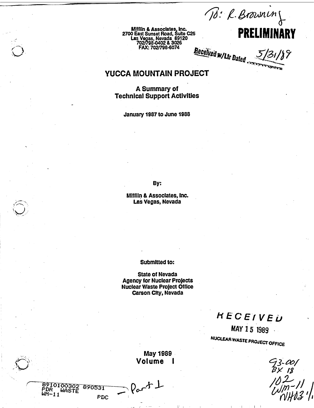 Yucca Mountain Project Area Exists for Quality Data Development in the Vadose Zone Below About 400 Feet